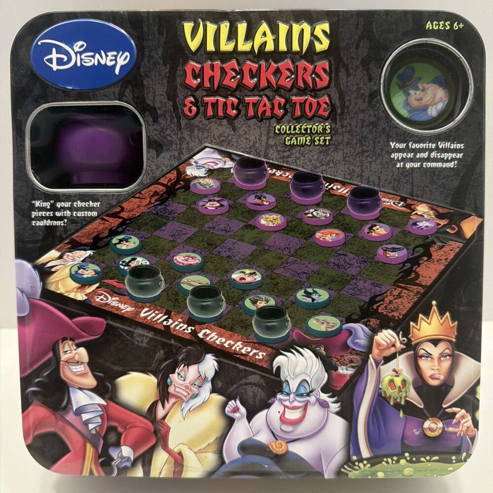 Disney Villains Games Checkers & Tic Tac Toe in A Tin Box EUC